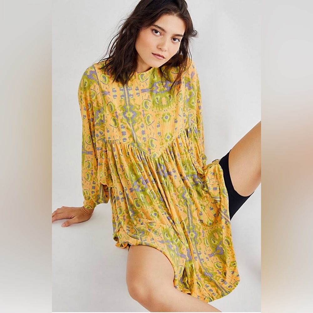 Free People Women Oversized Boho Printed Tunic Sz XS Yellow